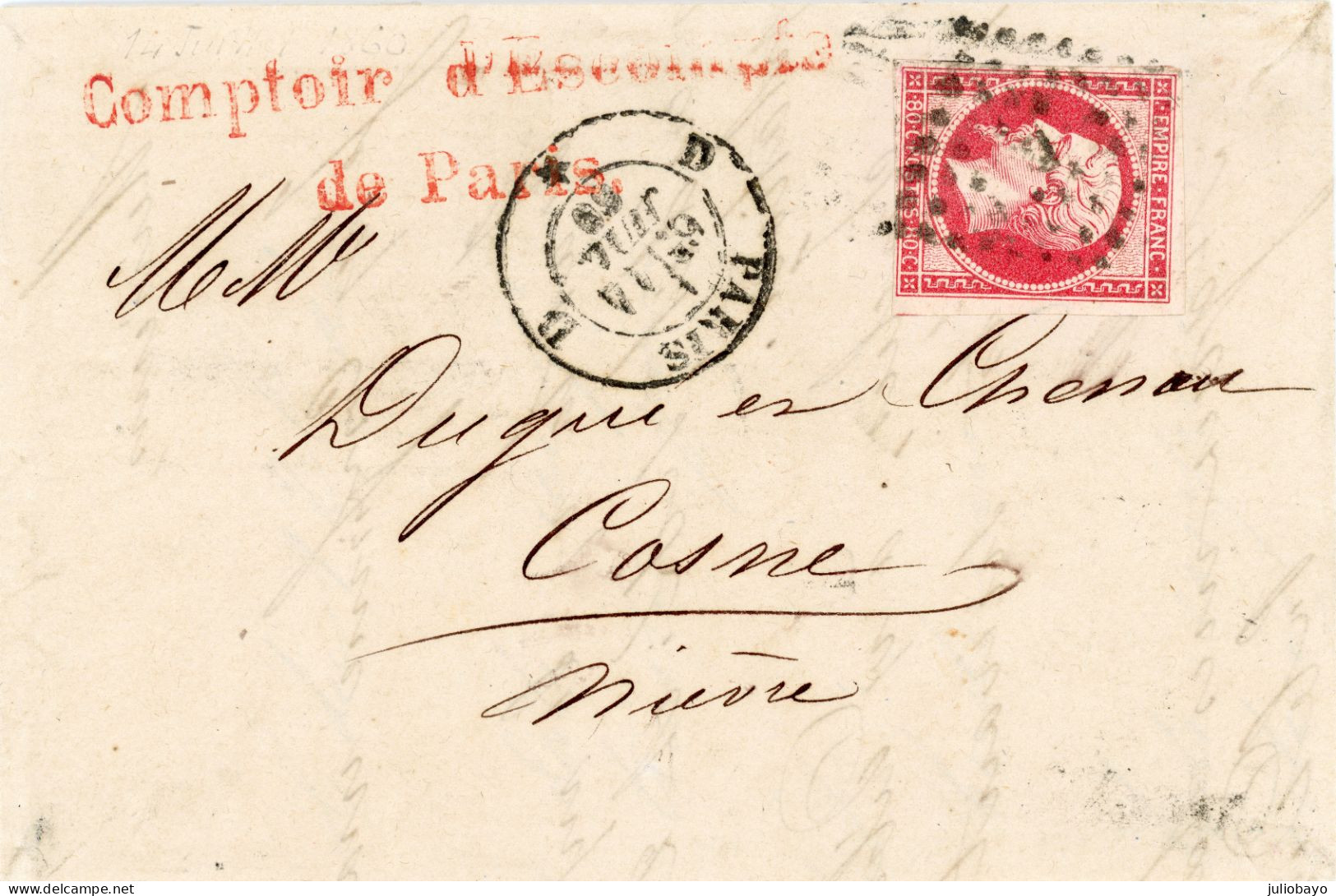 14 Juillet 1860 Lac N°17B TTB Losange D Paris Vers Cosne Nièvre - 1849-1876: Classic Period