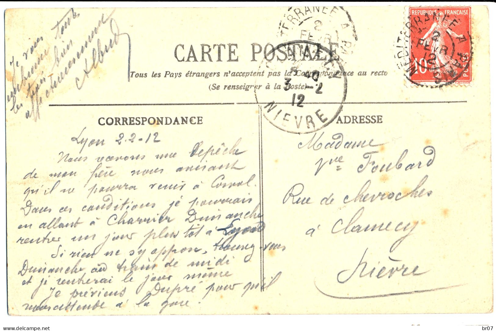 FERROVIAIRE CP 1912 AMBULANT MEDITERRANEE A PARIS SUR SEMEUSE - 1877-1920: Periodo Semi Moderno