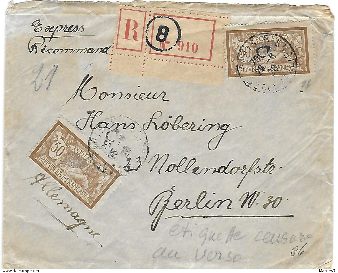 MERSON 120 En 2 Ex Sur Lettre Rec Pour Allemagne - Cad Paris 8 Du 26 6 20 - Au Dos Bandeau Censure Arrivée29 6 20 BERLIN - Cartas & Documentos