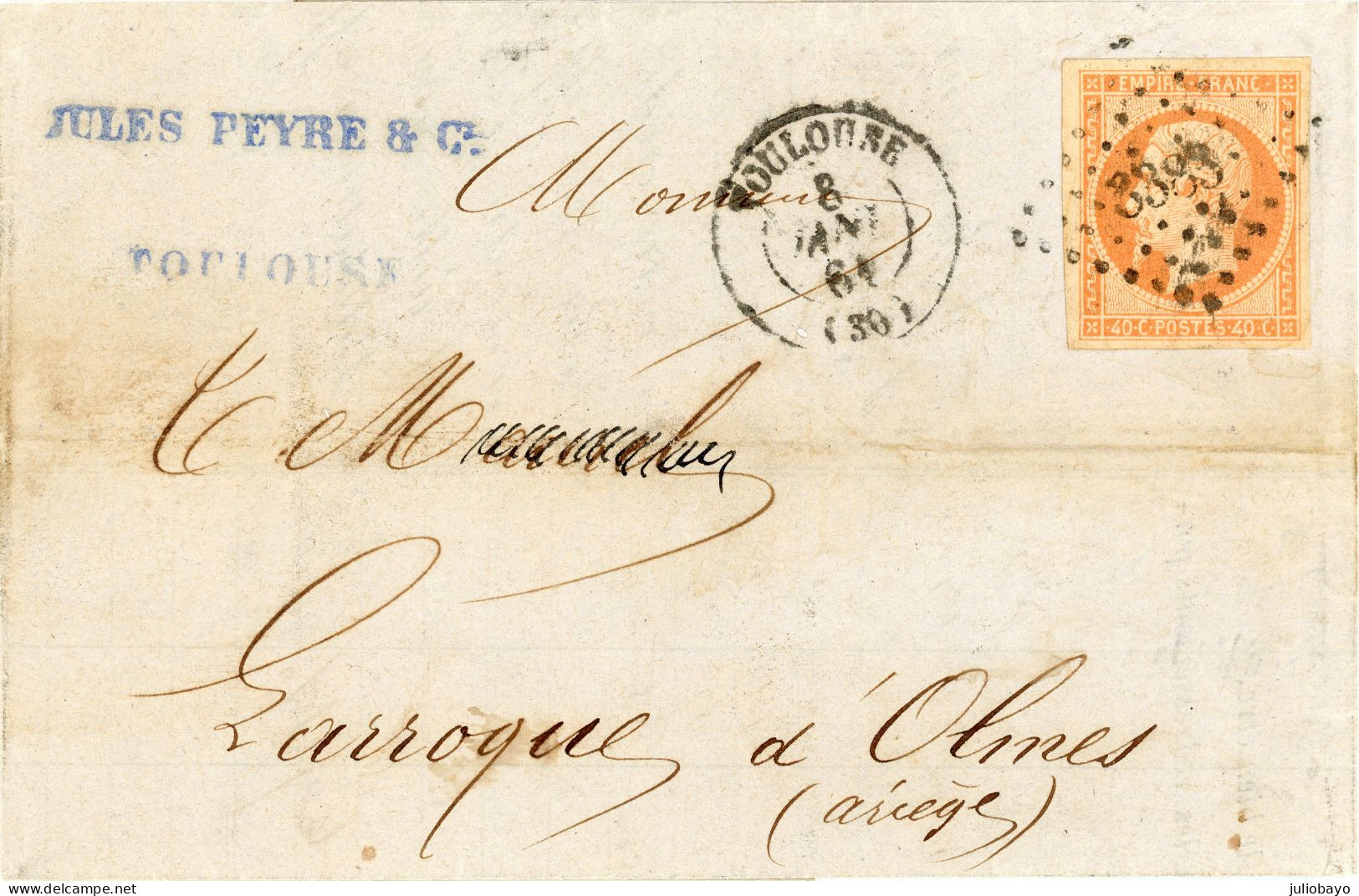 8 Janvier 1861 Lac N°16 TTB Pc 3383 Toulouse Vers Larroque D'Olmes Ariège - 1849-1876: Klassik