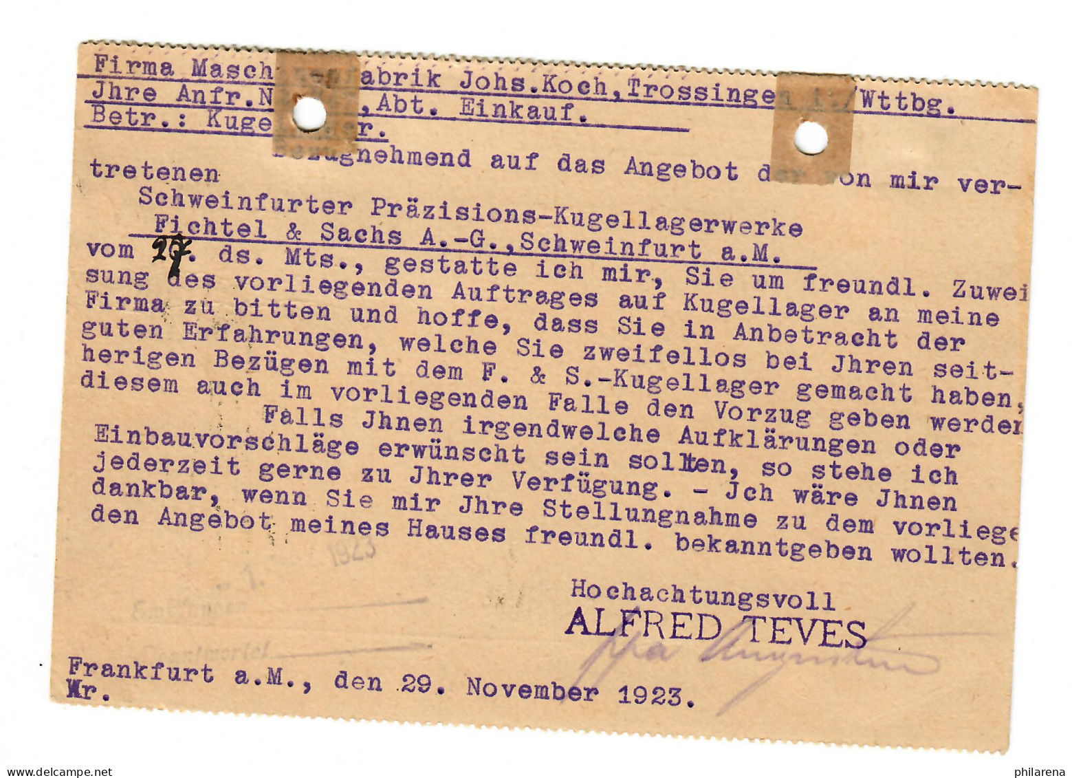 Postkarte Mit MiNr. 333 A, MeF, Frankfurt Nach Trossingen, 29.11.1923 - Lettres & Documents