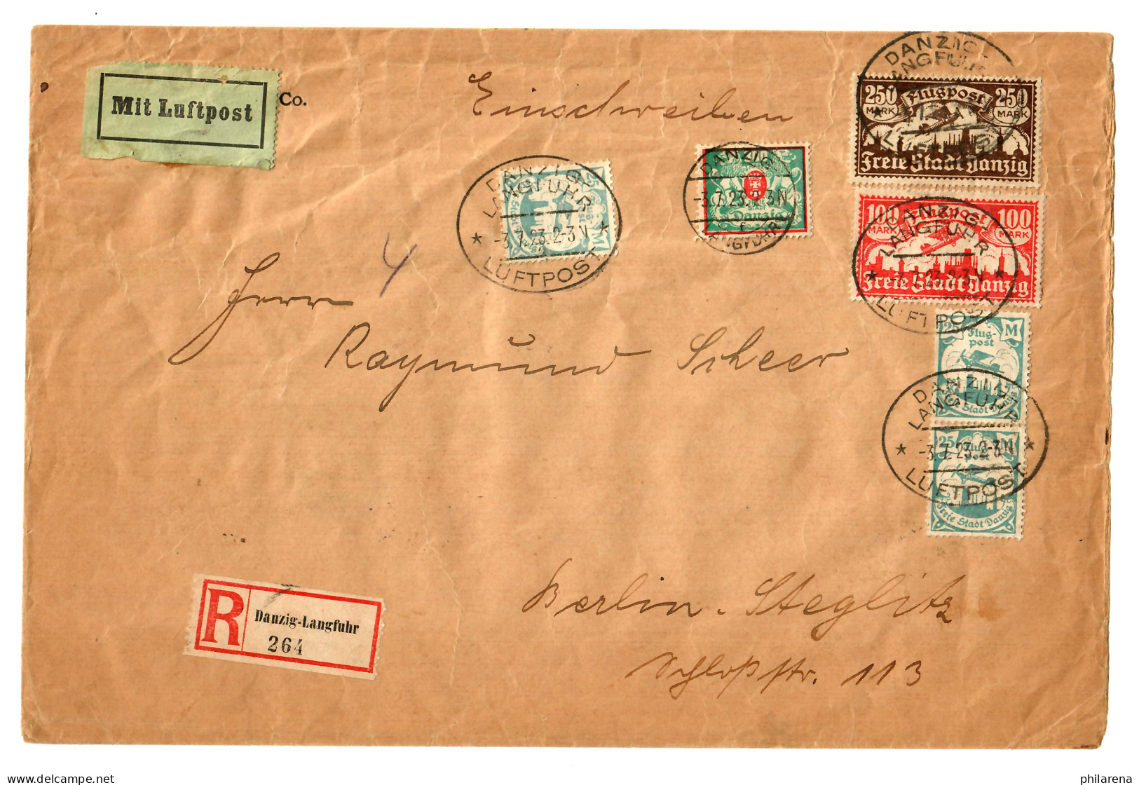 Danzig: Luftpost Langfuhr Nach Berlin-Steglitz, 1923 - Storia Postale