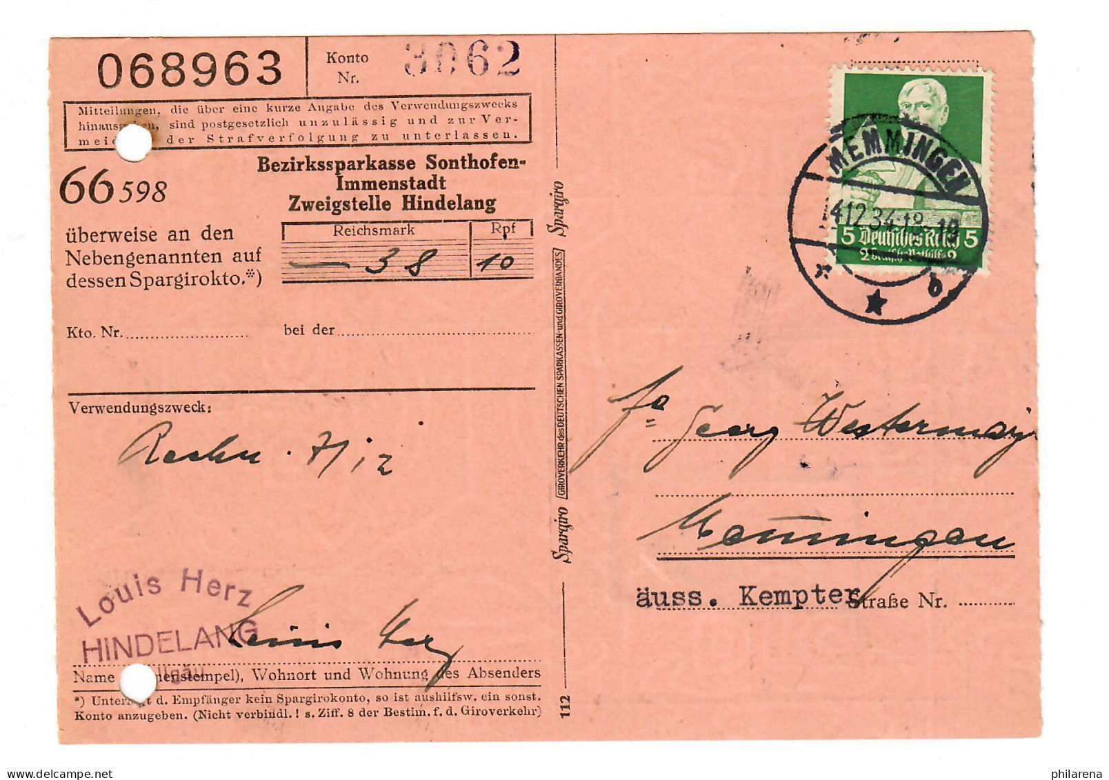 Sparkasse Sonthofen-Immenstadt/Hindelang, 1934 Nach Memmingen, EF MiNr. 558 - Covers & Documents