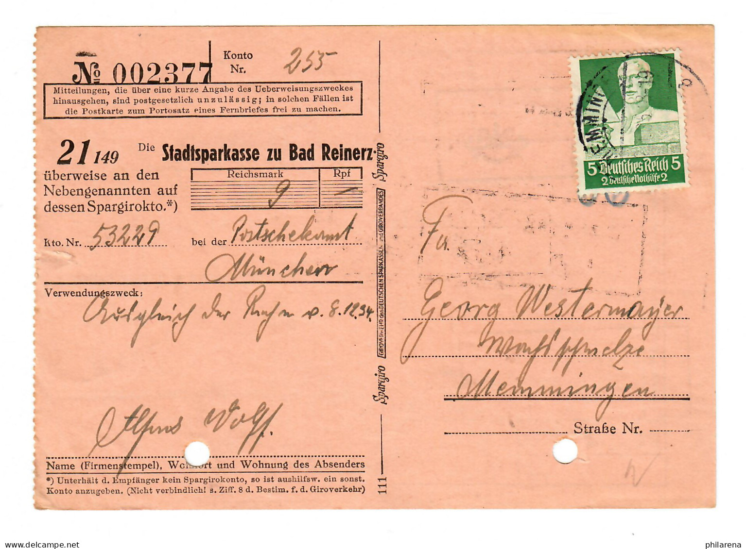 Sparkasse Zu Bad Reinerz, 1934 Nach Memmingen, EF MiNr. 558 - Briefe U. Dokumente