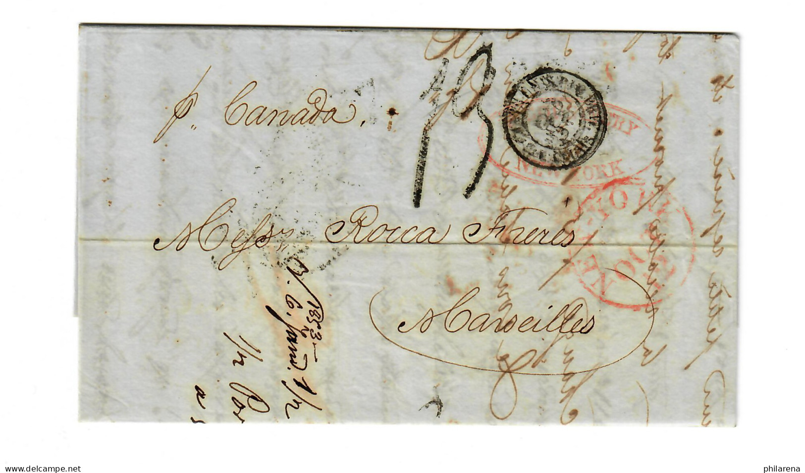 USA To France: 1852: Transatlantic Post: P. Canada, New York To Marseille - Other & Unclassified