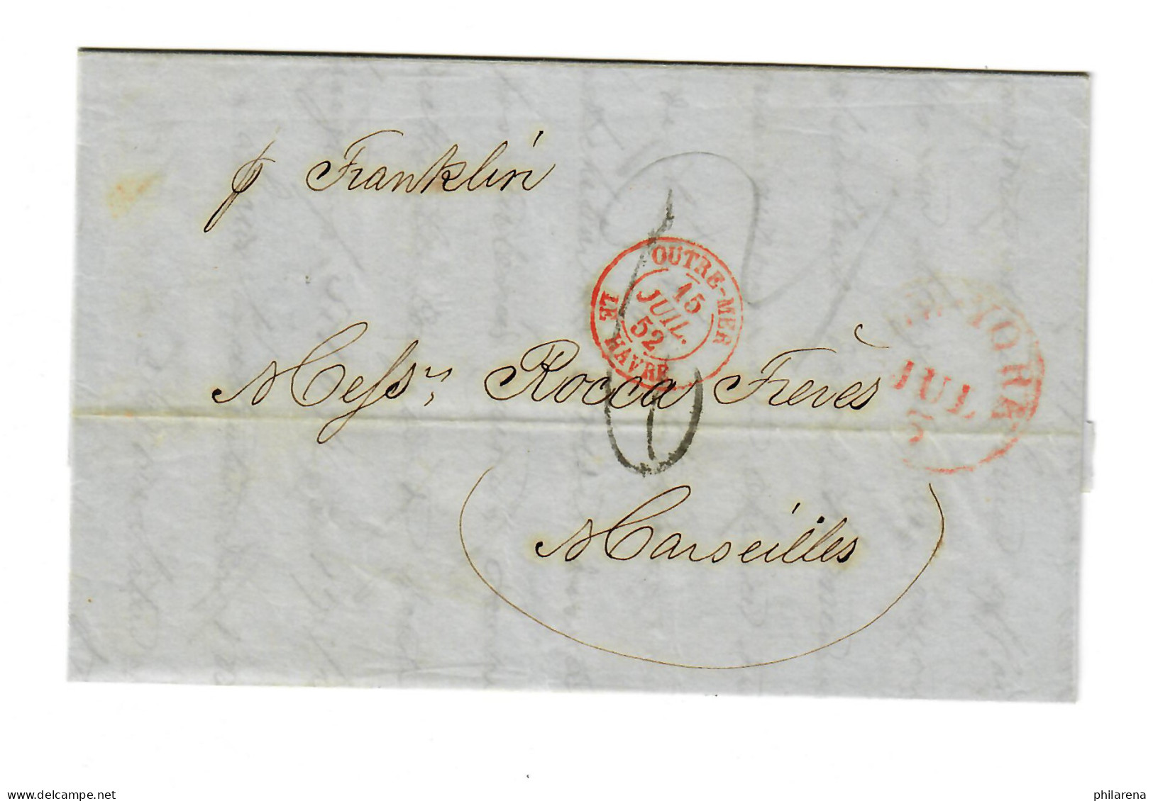 USA To France: 1852: Transatlantic Post: P. Franklin To Marseille - Other & Unclassified
