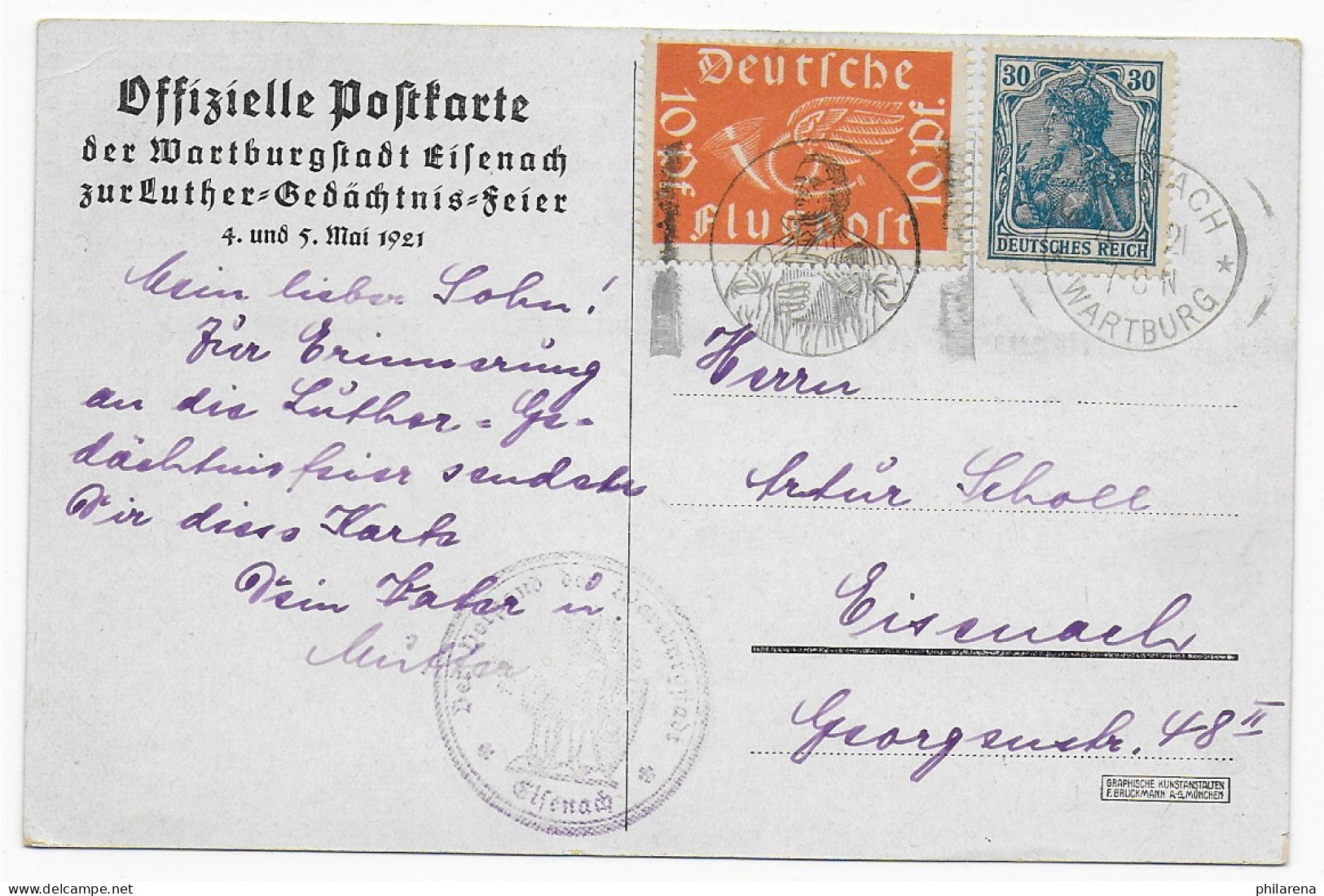 Ansichtskarte Wartburgstadt Eisenach, Gedächtnis Feier Luther; 1921 - Storia Postale