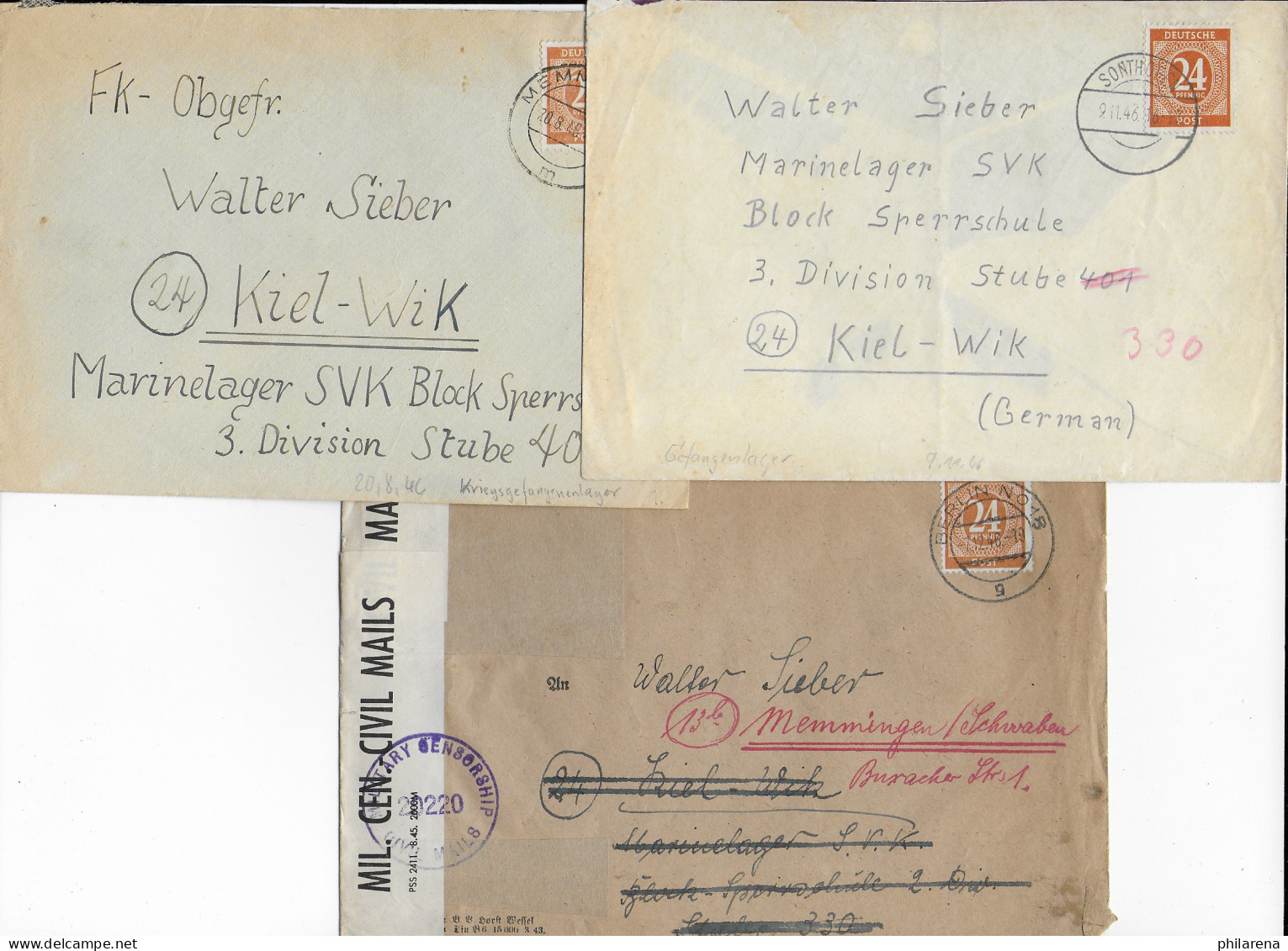 3x Brief An Marinelager SVK Block Sperrschule, 3. Division, Memmingen/Sonthofen - Covers & Documents