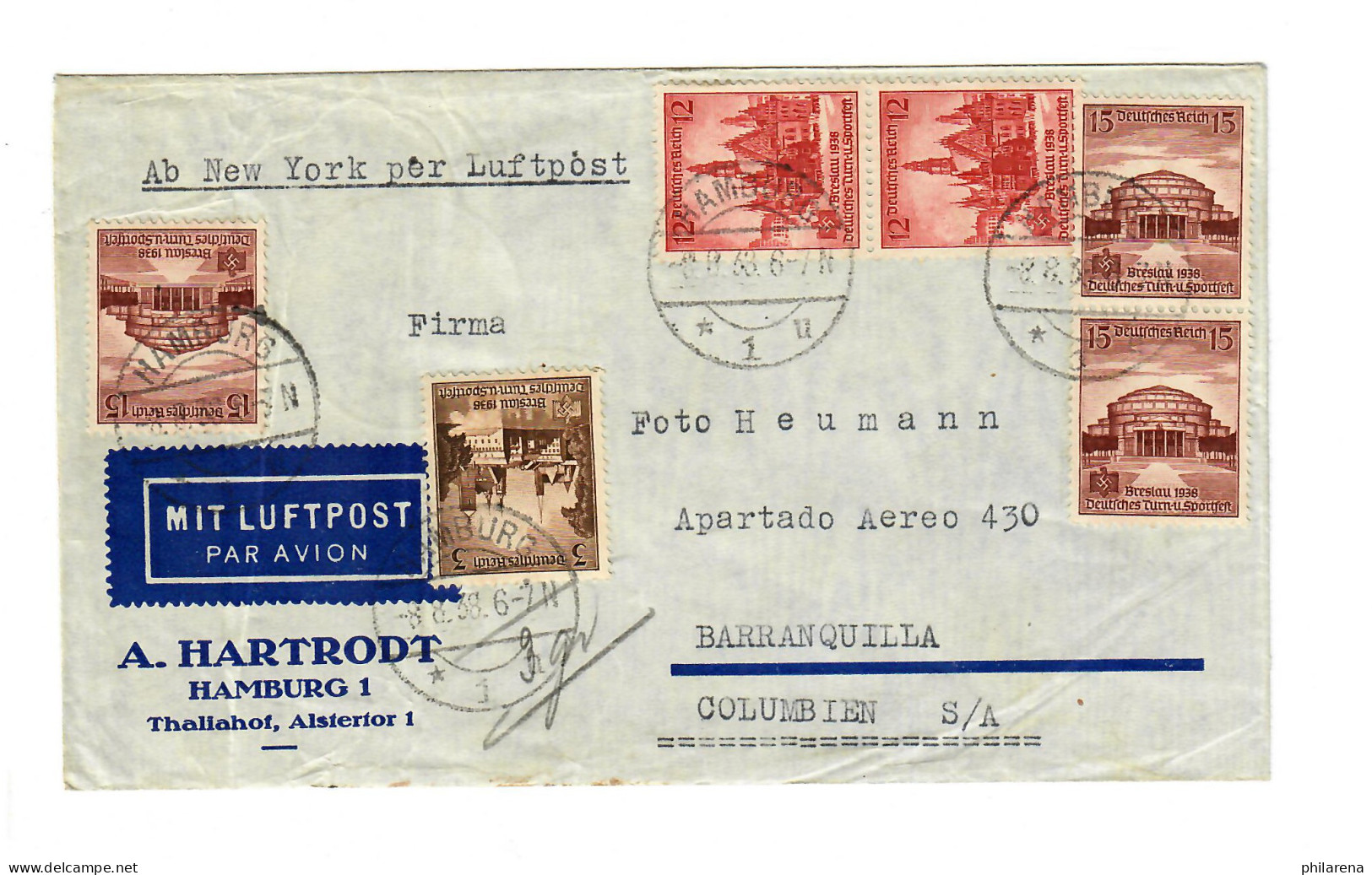 Luftpost Brief Hamburg Nach Barranquilla/Kolumien, 1938 - Storia Postale