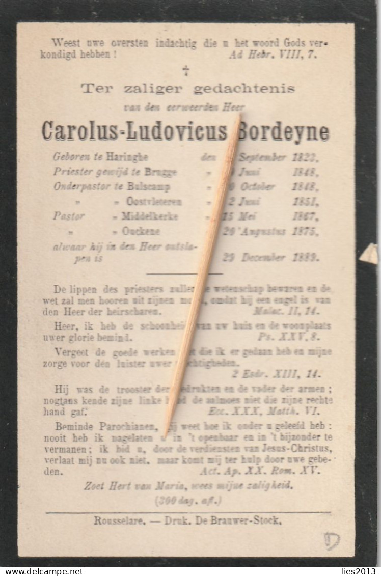 Priester, Prêtre, Abbé, Carolus Bordeyne, Haringe, Brugge, Bulskamp, Oostvleteren, Middelkerke, Oekene, 1889 - Devotieprenten