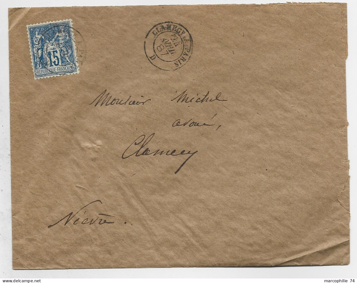 SAGE 15C LETTRE AMBULANT CLAMECY A PARIS 24 AVRIL 1887 D POUR NIEVRE - Correo Ferroviario