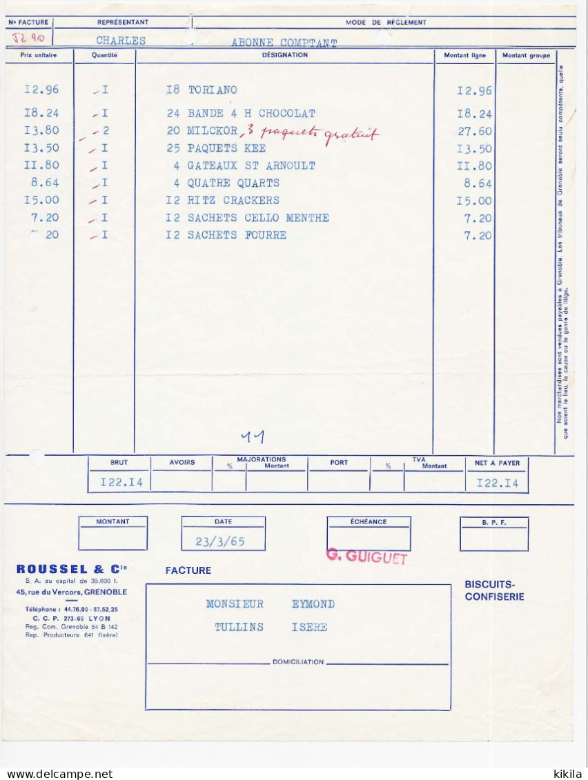 Facture Du 23 Mars 1965 à En-tête De ROUSSEL & Cie à Grenoble Isère 38 Vente En Gros Grossiste En Biscuits-confiserie - Alimentaire