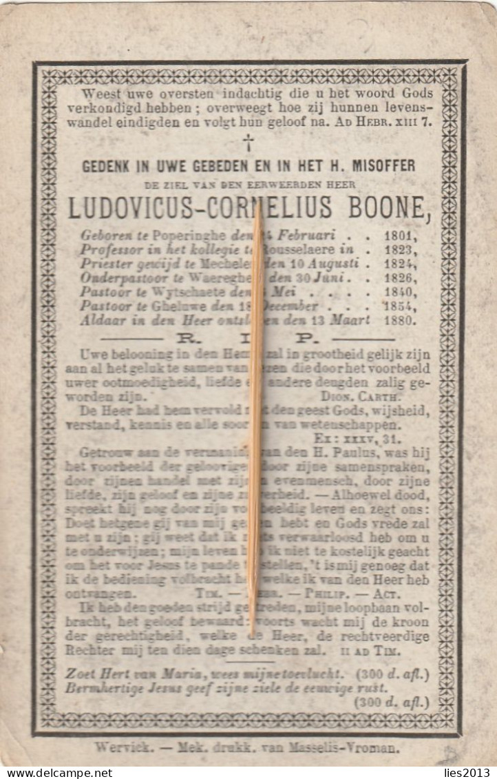 Priester, Prêtre, Abbé, Ludovicus Boone, Poperinge, Roeselare, Mechelen, Waereghem, Wijtschate, Geluwe, 1880 - Devotieprenten