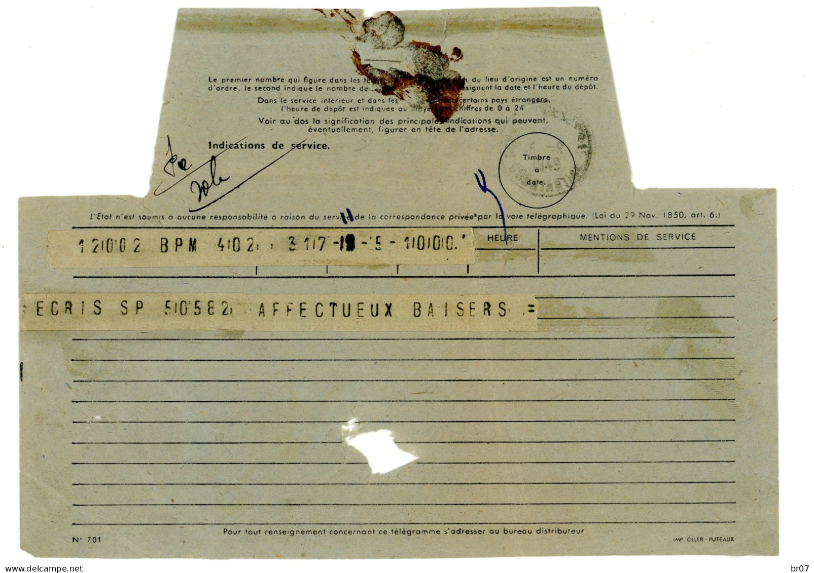 ALGERIE TELEGRAMME DE B.P.M. 402  TXT ECRIS SP 50582 INDOCHINE VIETNAM 1949 CONSTANTINE CENTRAL - Guerre D'Indochine / Viêt-Nam