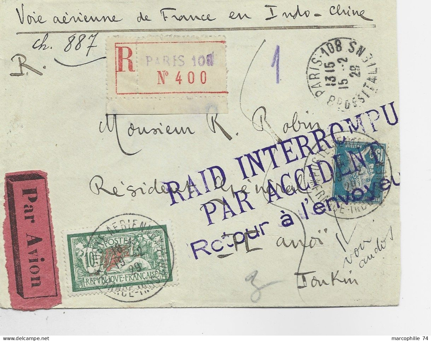 FRANCE MERSON 10FR +1FR50 PASTEUR LETTRE COVER REC AVION PARIS 108 15.2.1929 TONKIN RAID INTERROMPU DRAGON ANNAM - 1921-1960: Modern Period