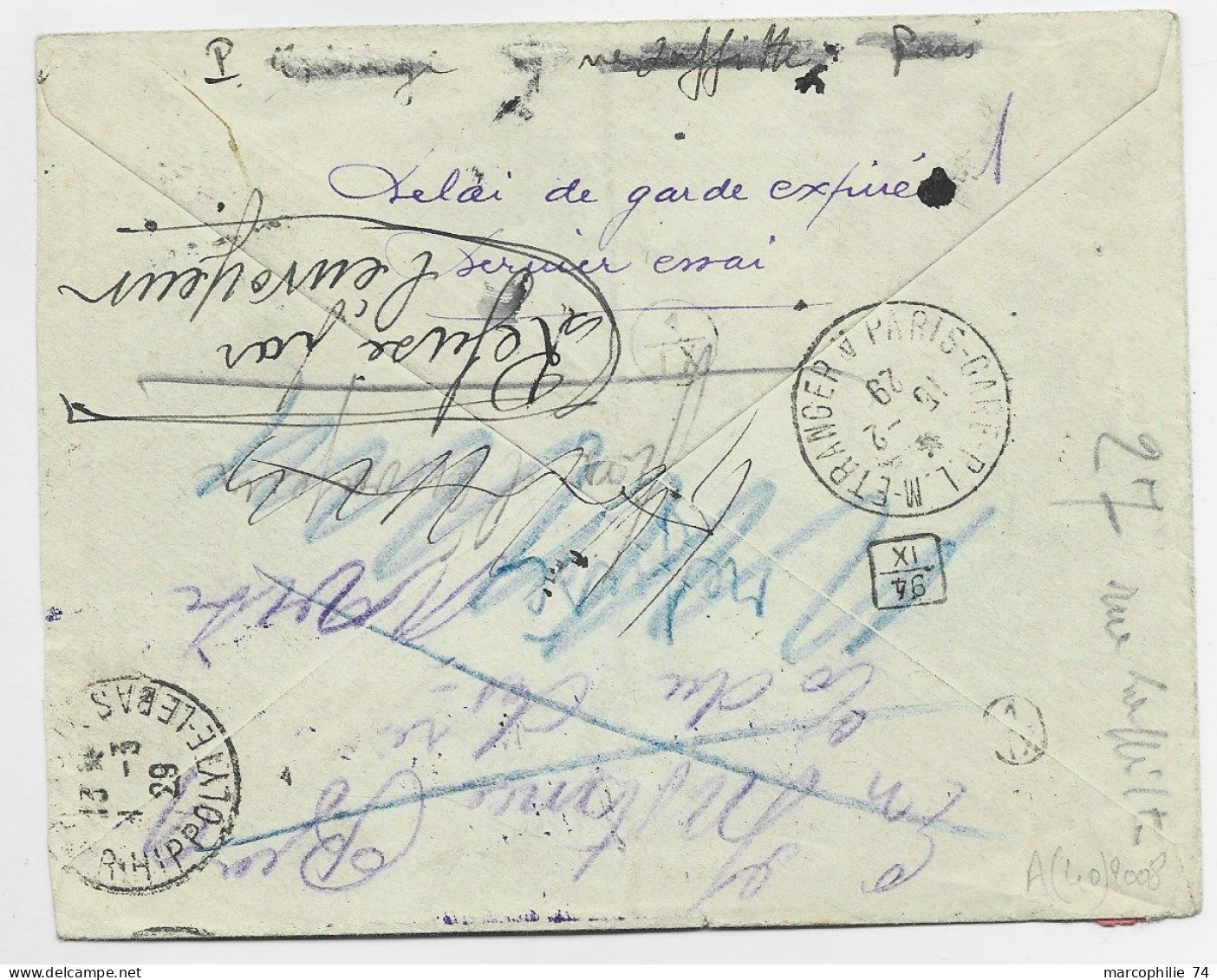 FRANCE MERSON 10FR +1FR50 PASTEUR LETTRE COVER REC AVION PARIS 108 15.2.1929 TONKIN RAID INTERROMPU DRAGON ANNAM - 1921-1960: Période Moderne