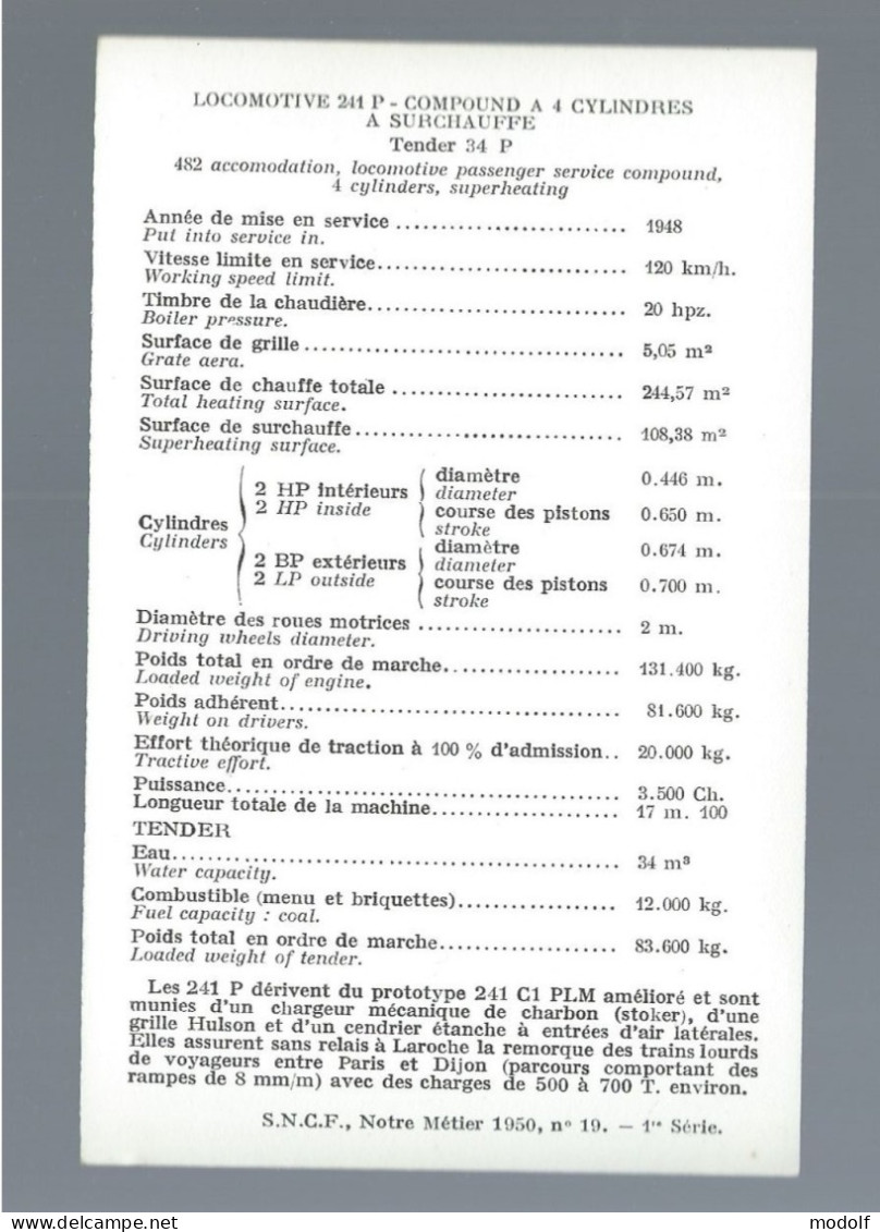 CPA - S.N.C.F., Notre Métier 1950, N°19 - 1ère Série - Locomotive 241P - Compound à 4 Cylindres à Surchauffe - Materiale