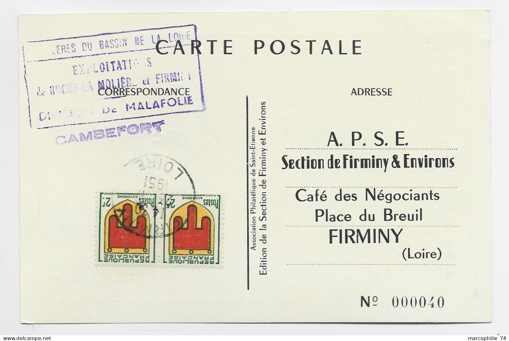 FRANCE 1FR MINEURS CARTE SPECIALE DAGUIN ISOLE EXPOSITION PHILATELIQUE FIRMINY 23.6.1951 LOIRE - Oblitérations Mécaniques (flammes)