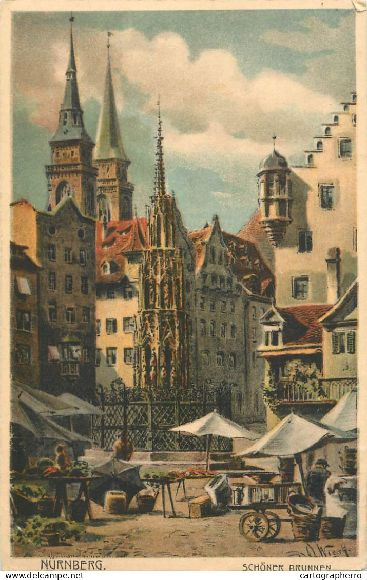 Germany Nurnberg Schonen Brunnen Signed Illustration - Nürnberg