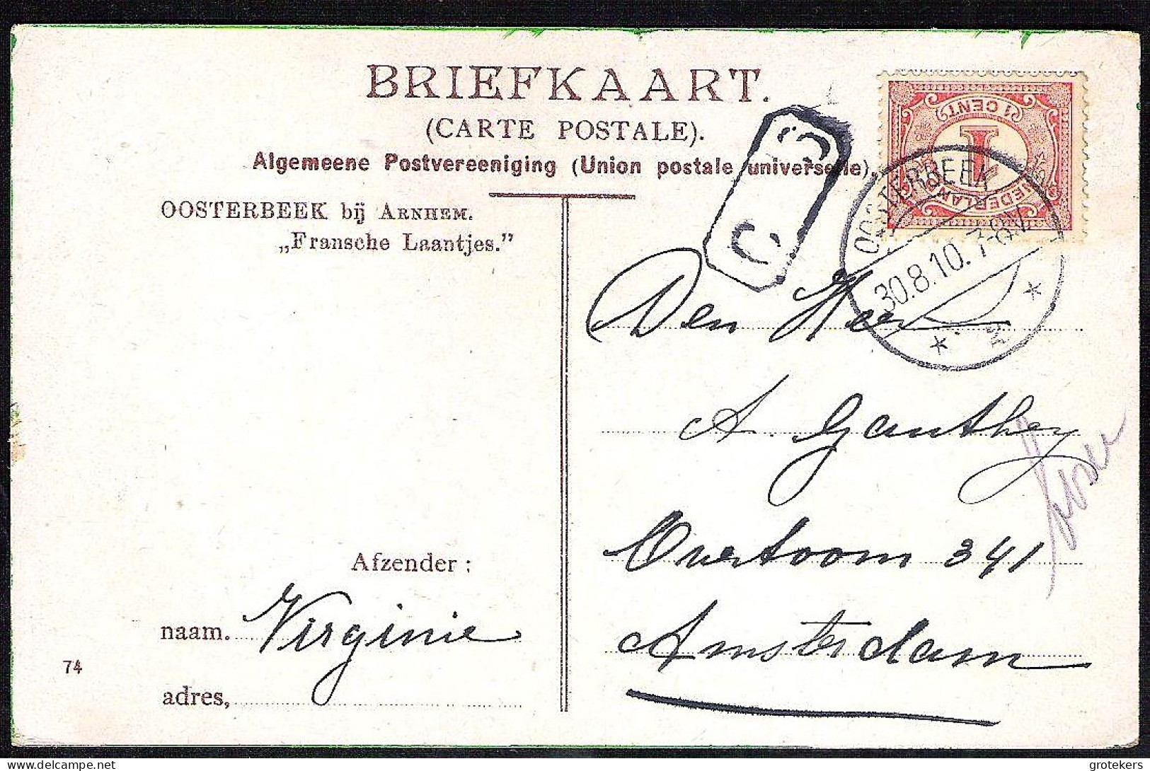 OOSTERBEEK Fransche Laantjes 1910 Langebalkstempel Oosterbeek 2 - Oosterbeek