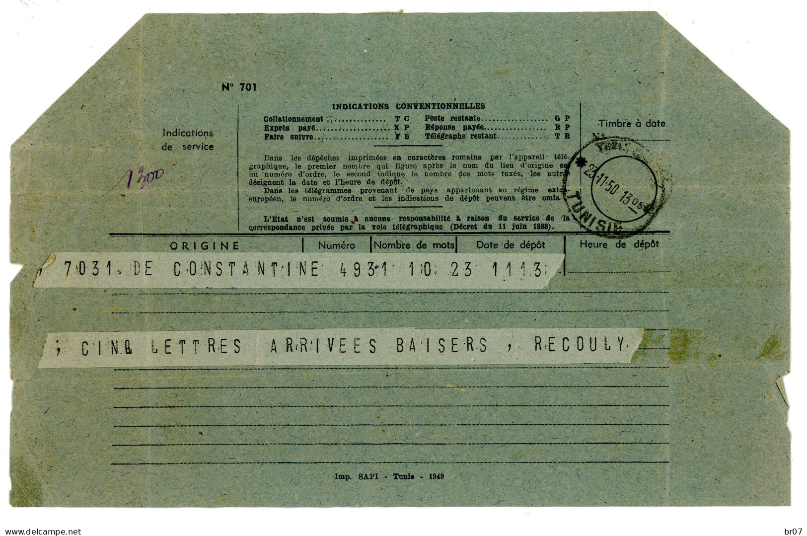 TUNISIE TELEGRAMME DE CONSTANTINE 1950 TUNIS CENTRAL - Briefe U. Dokumente