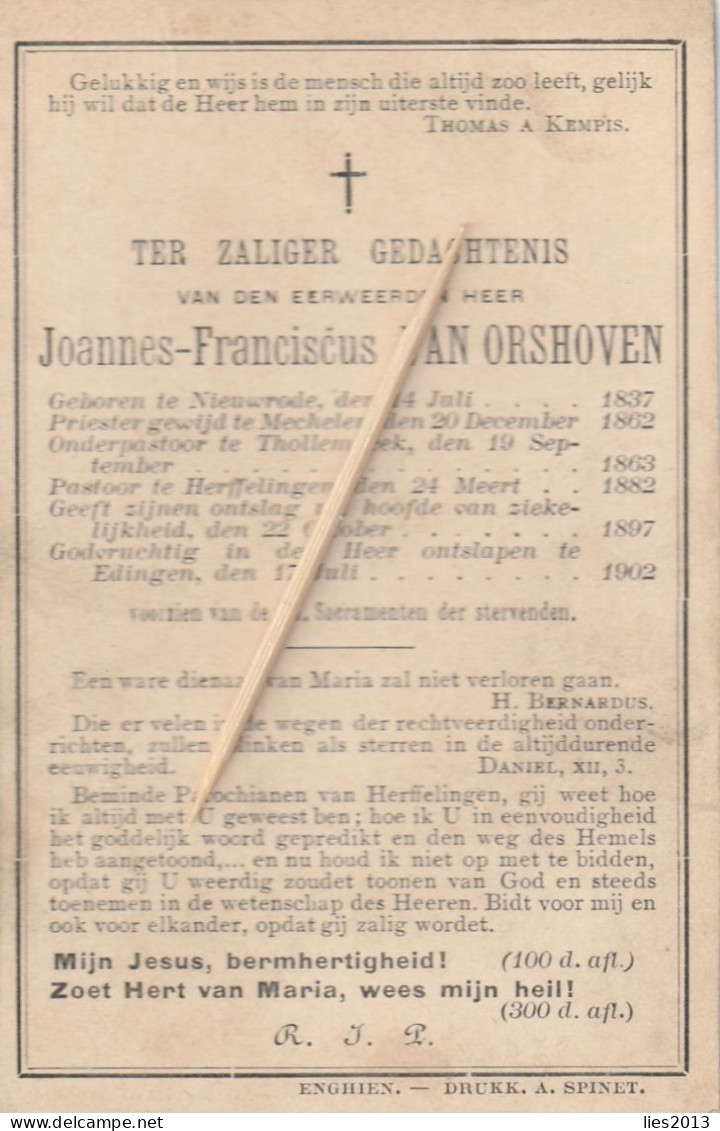 Priester, Prêtre, Abbé, Joannes Van Orshoven, Nieuwrode, Mechelen, Nieuwenrode, Tollembeek, Herfelingen, Engien, Edingen - Devotion Images