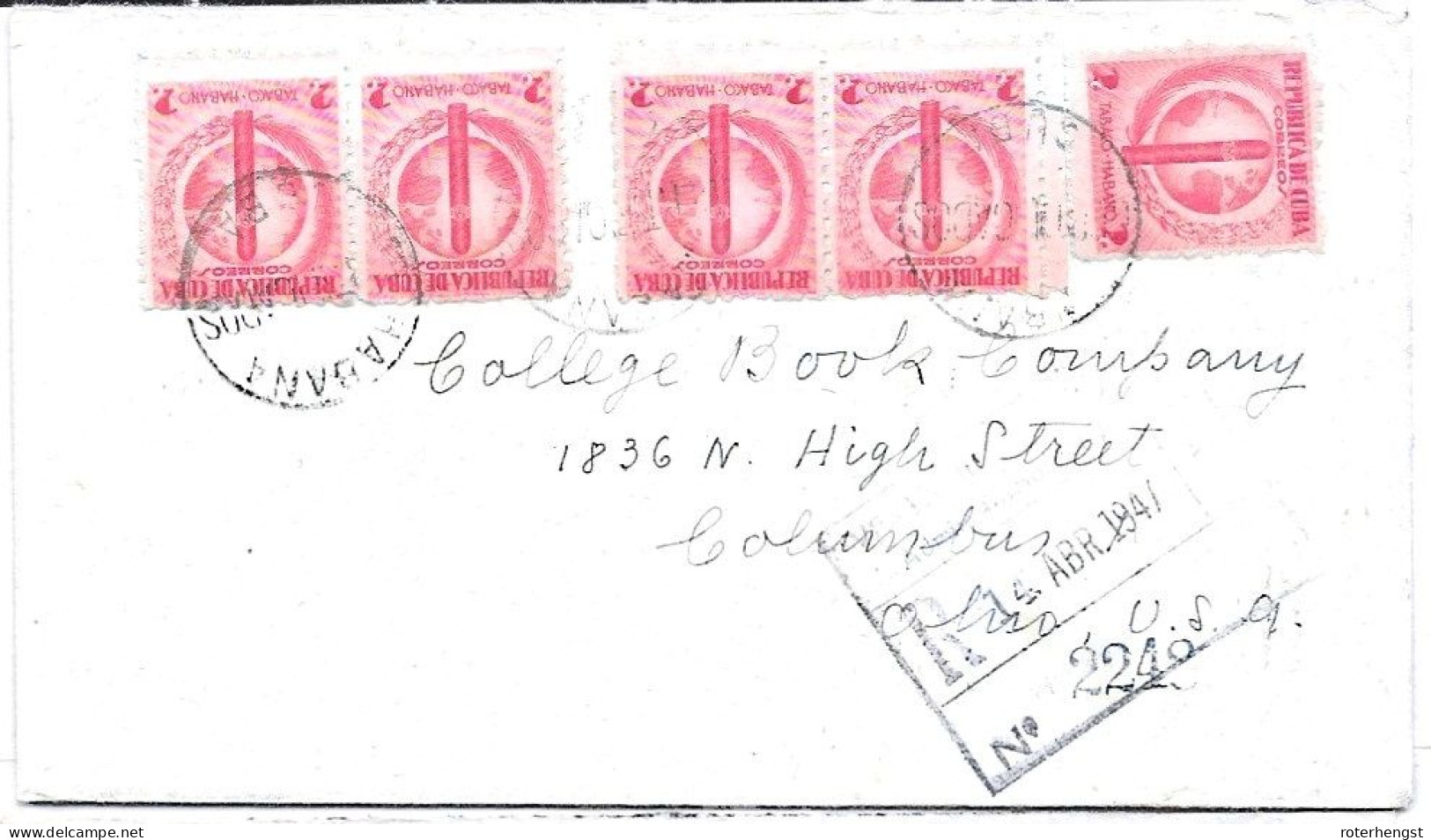 Cuba Registered Letter Tobacco Industry Stamp 1947 Habana To Columbus USA - Cartas & Documentos