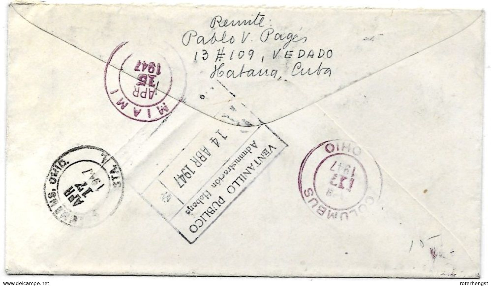 Cuba Registered Letter Tobacco Industry Stamp 1947 Habana To Columbus USA - Lettres & Documents