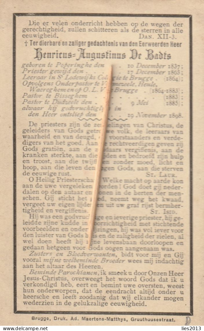 Priester, Prêtre, Abbé, Henricus De Badts, Poperinge, Bruggen Heule, Bissegem, Dadizele, 1898 - Devotion Images