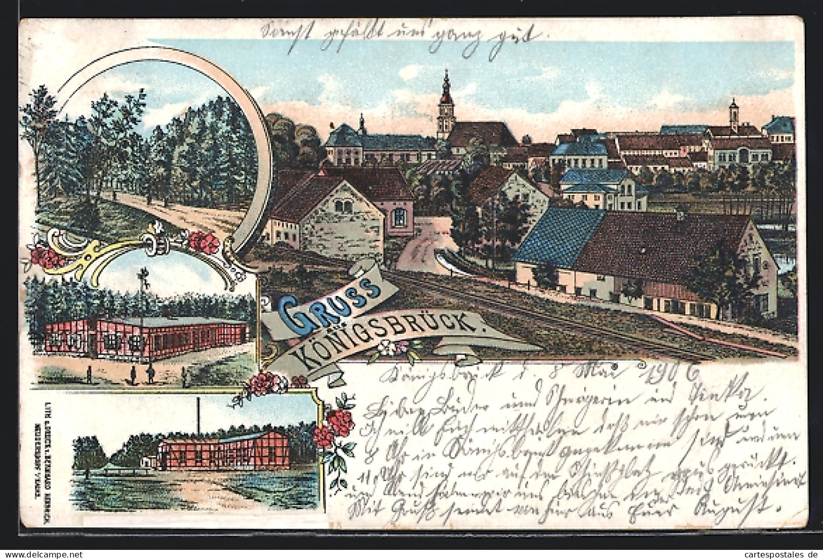 Lithographie Königsbrück, Ortsansicht, Übungsplatz  - Koenigsbrueck