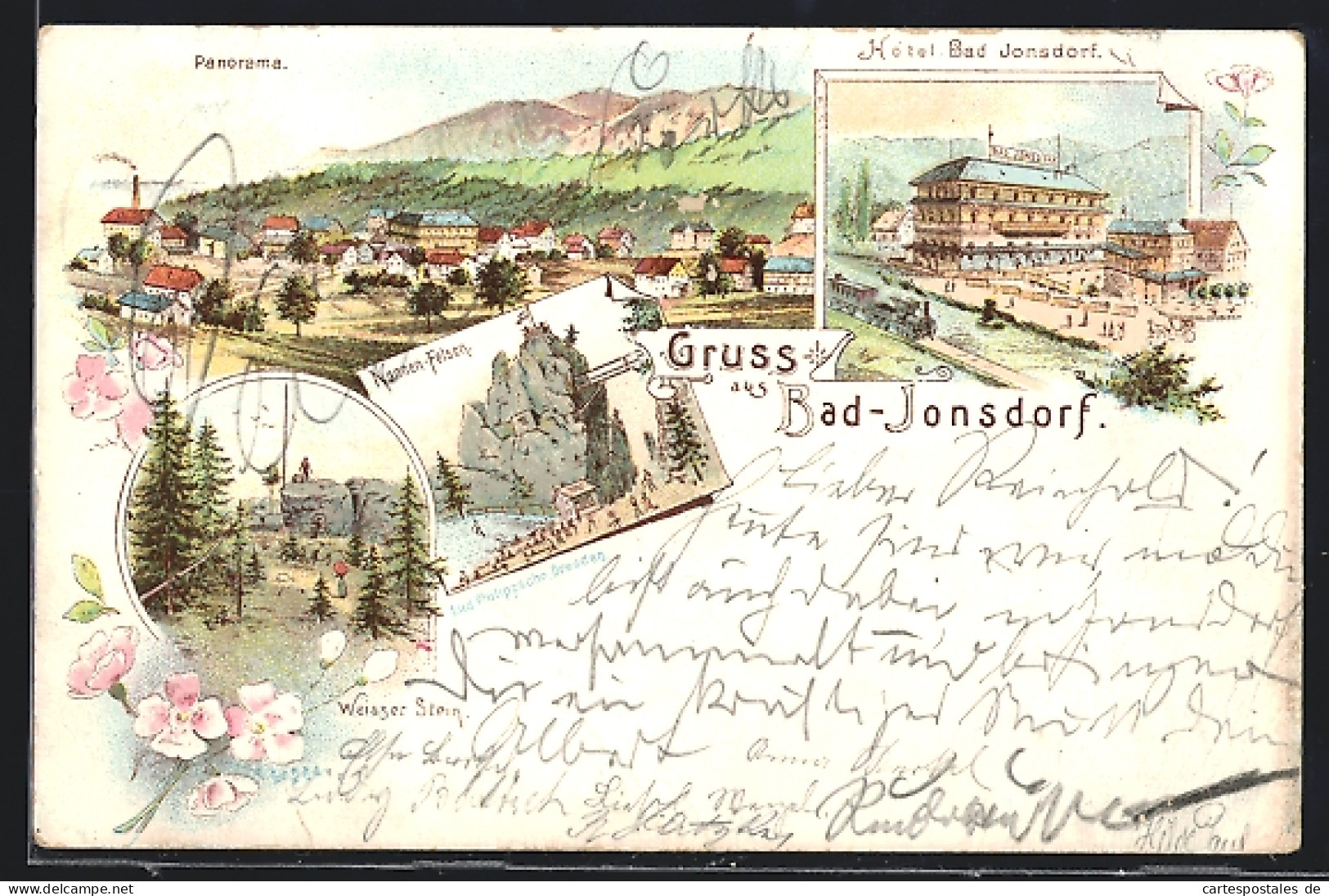Lithographie Bad Jonsdorf, Hotel, Nonnenfelsen, Weisser Stein, Gesamtansicht  - Jonsdorf