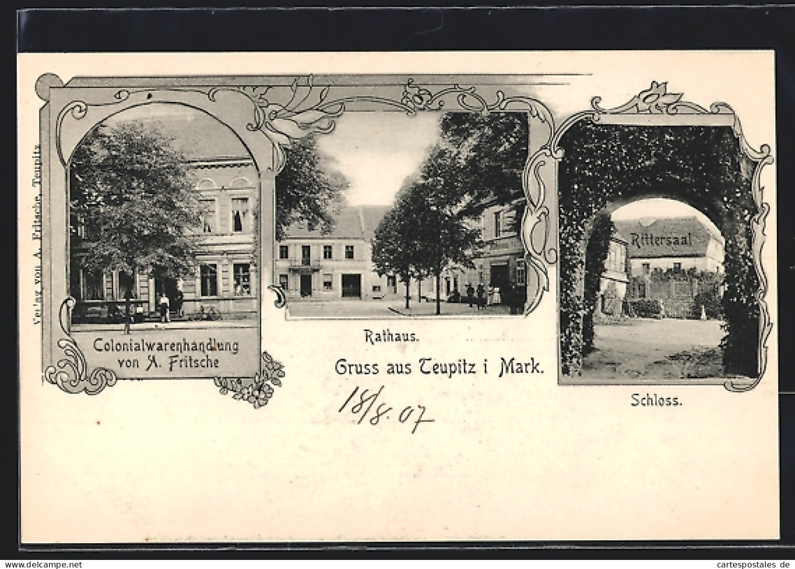 AK Teupitz I. Mark, Colonialwarenhandlung Von A. Fritsche, Schloss, Rathaus  - Teupitz