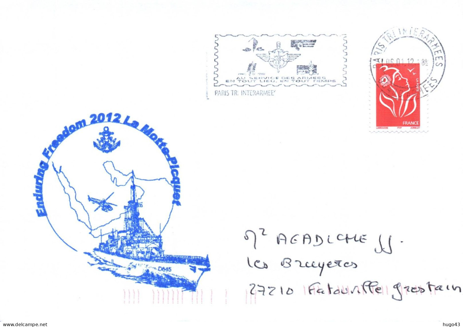 ENVELOPPE AVEC CACHET FREGATE LA MOTTE PICQUET - ENDURING FREEDOM 2012 - LE 06 JANVIER 2012 - Naval Post