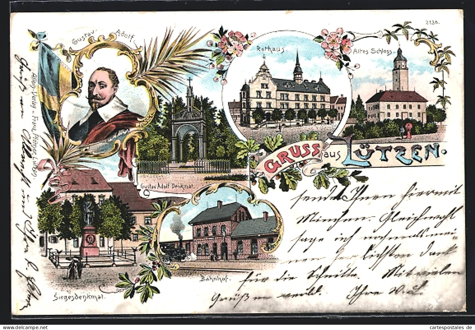 Lithographie Lützen, Rathaus, Altes Schloss, Bahnhof, Siegesdenkmal  - Lützen