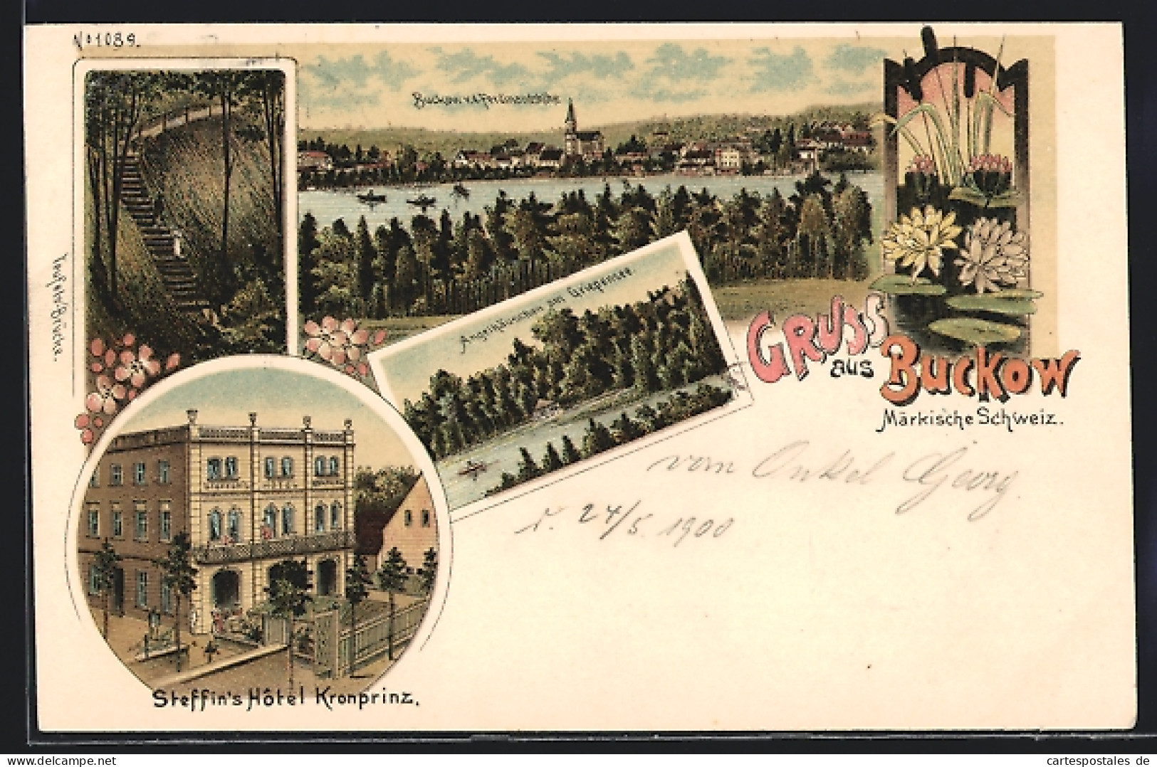 Lithographie Buckow /Märk. Schweiz, Steffin`s Hotel Kronprinz, Angelhäuschen Am Griepensee  - Buckow