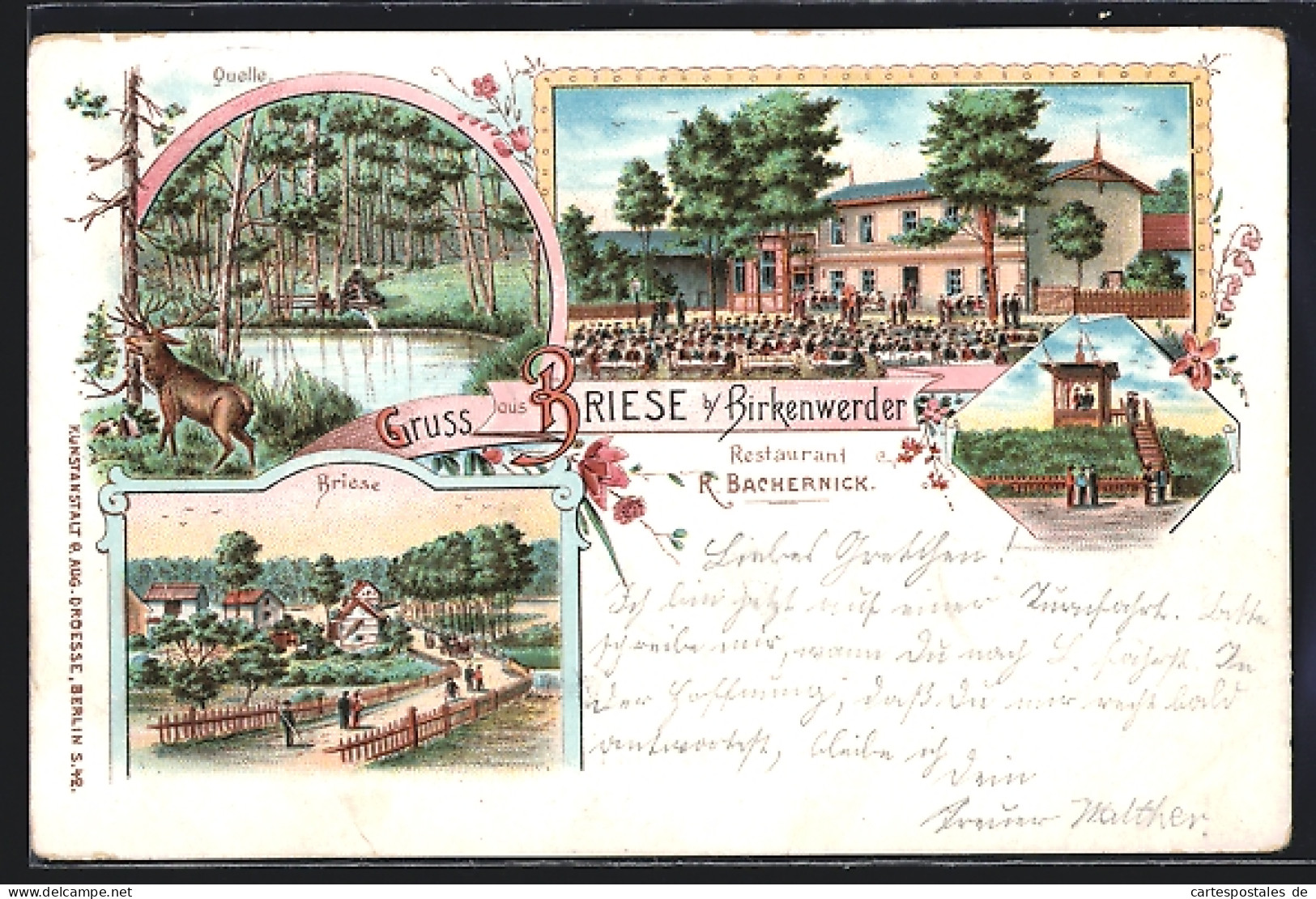 Lithographie Briese B. Birkenwerder, Restaurant Bachernick, Ortsansicht Und Quelle  - Birkenwerder