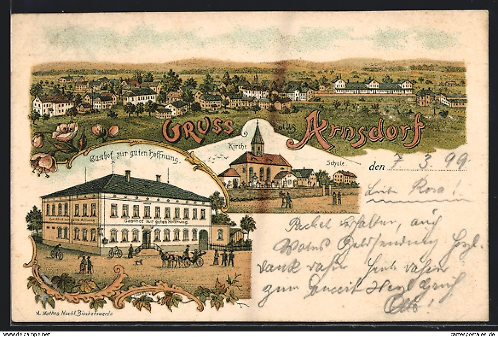 Lithographie Arnsdorf, Gasthof Zur Guten Hoffnung, Kirche Und Schule  - Other & Unclassified
