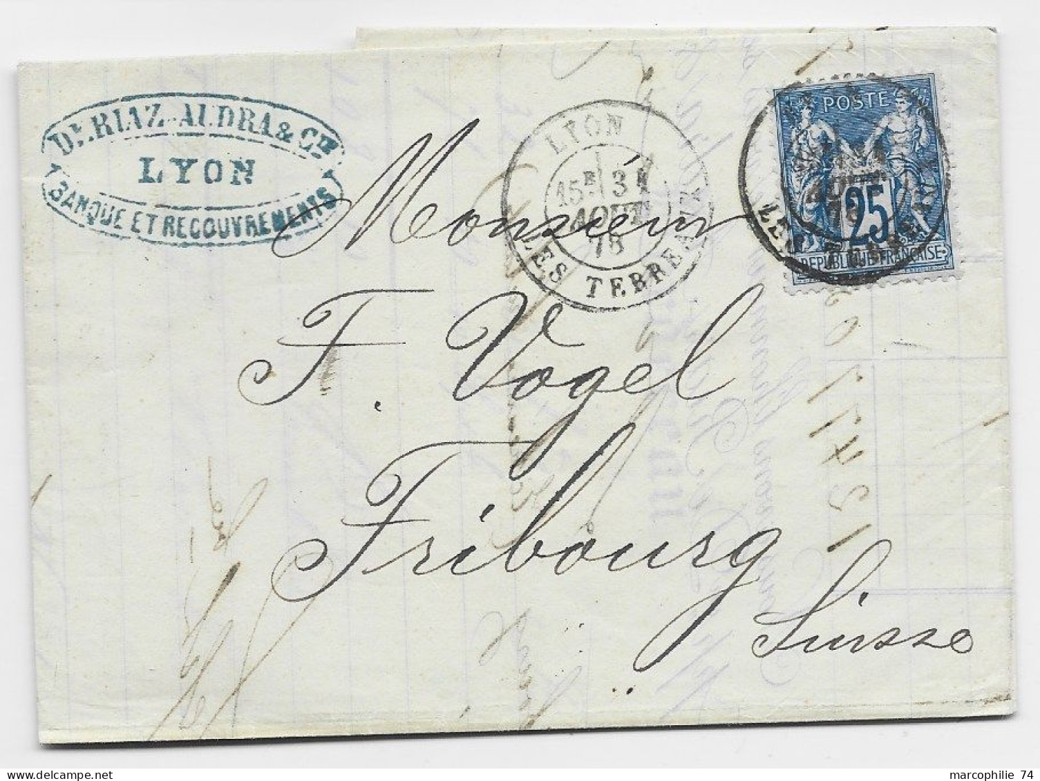 FRANCE SAGE 25C N° 78 SEUL LETTRE COVER LYON 31 AOUT 1878 LES TERNES POUR FRIBOURG  SUISSE - 1877-1920: Période Semi Moderne