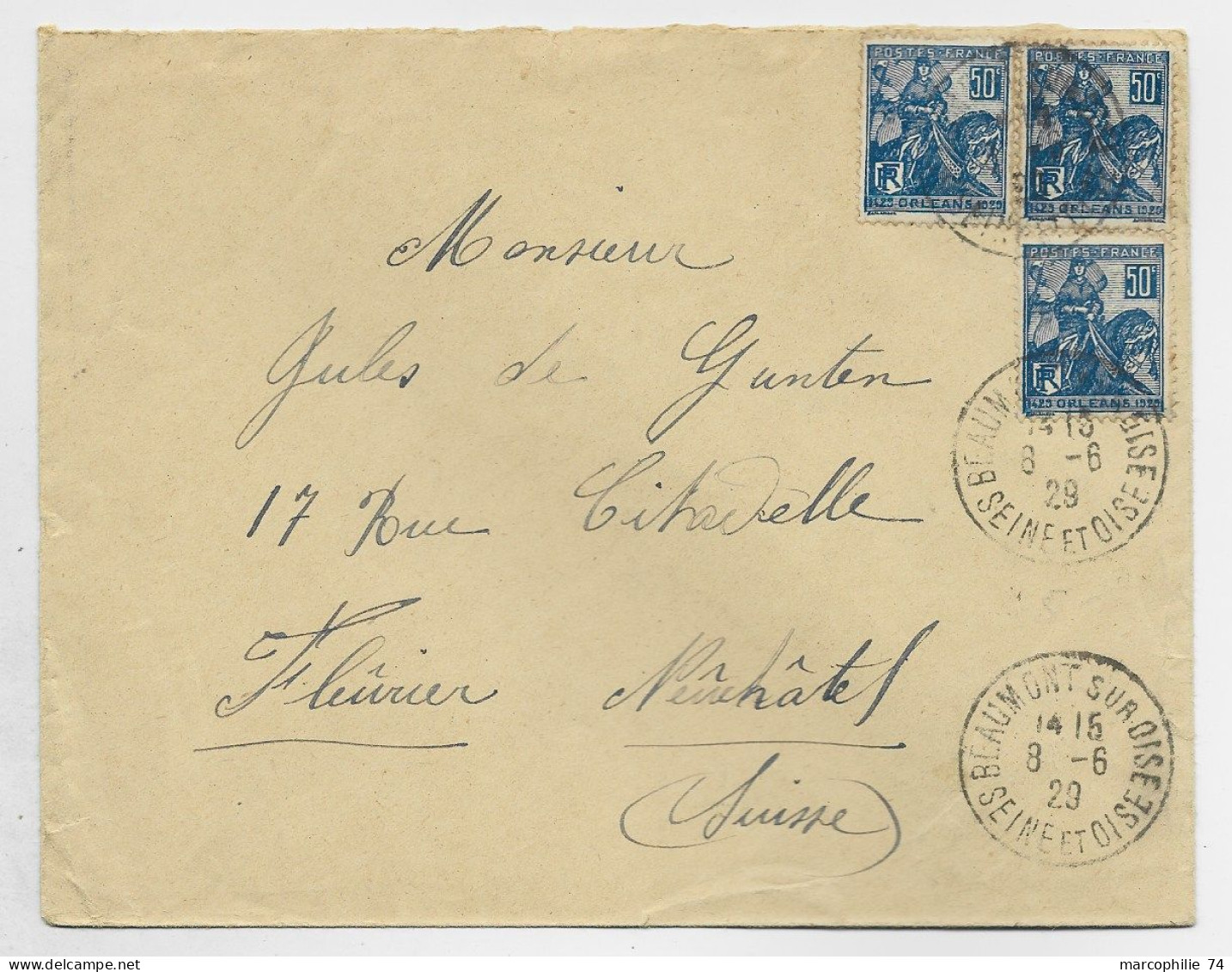 FRANCE JEANNE D'ARC 50CX3 LETTRE COVER BEAUMONT SUR OISE 8.6.1929 POUR  FLEURIER SUISSE AU TARIF - 1921-1960: Période Moderne