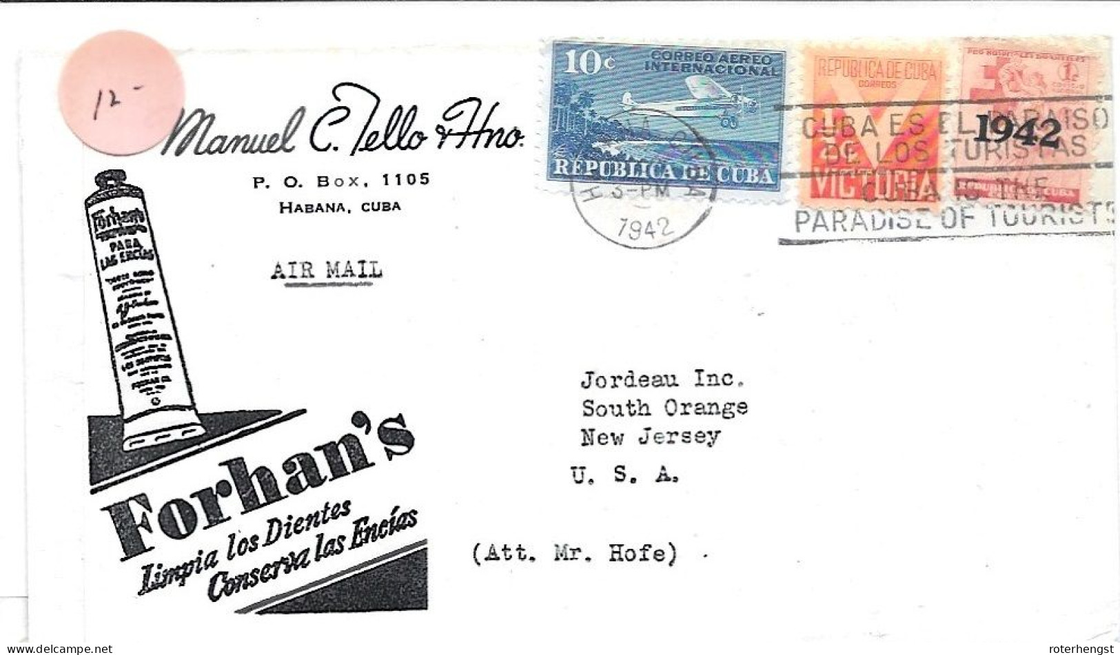 Cuba 1942 Airmail EXAMINED Letter (on Back) To New Jersey With Advertising Envelope And Tourist Paradise Cancel - Brieven En Documenten