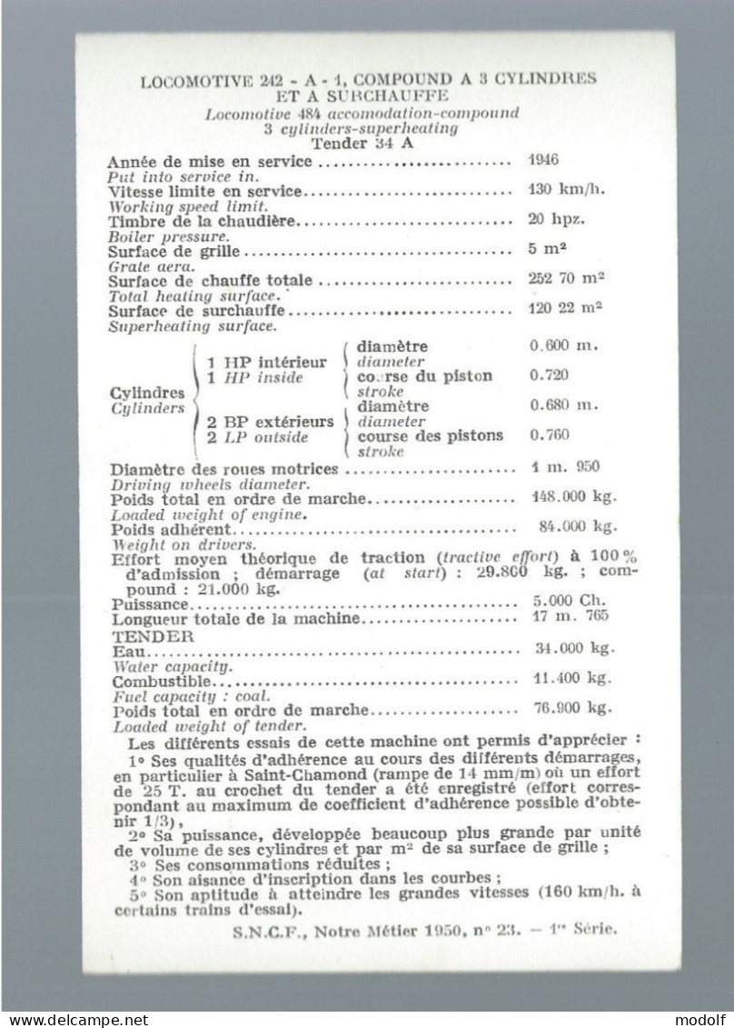 CPA - S.N.C.F., Notre Métier 1950, N°23 - 1ère Série - Locomotive 242 - A - 1, Compound à 3 Cylindres Et à Surchauffe - Equipment