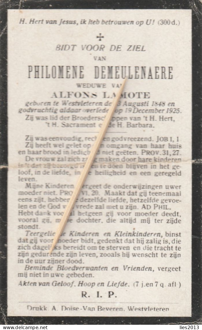 Westvleteren, 1925, Philomena Demeulenaere, Lamote - Devotieprenten