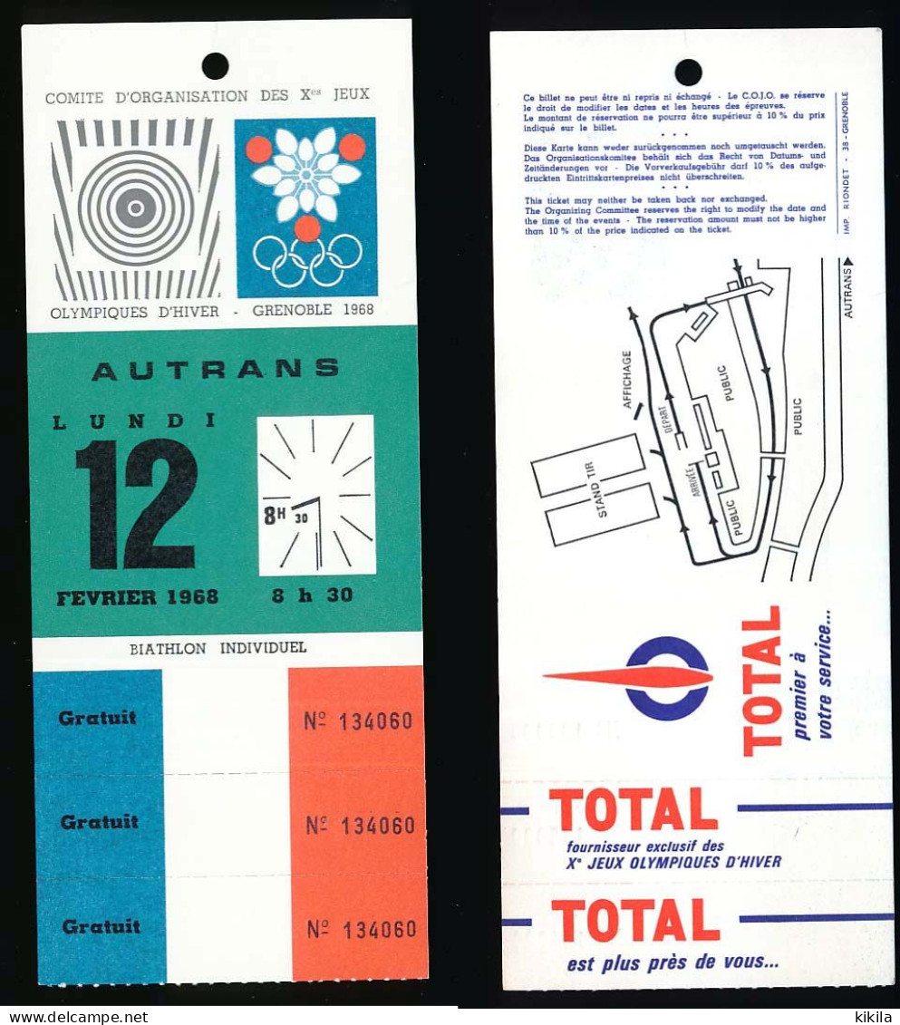 Billet Entrée AUTRANS Biathlon Individuel 12 Février 1968 Jeux Olympiques D'hiver Grenoble Olympic Games Winter 68 * - Eintrittskarten