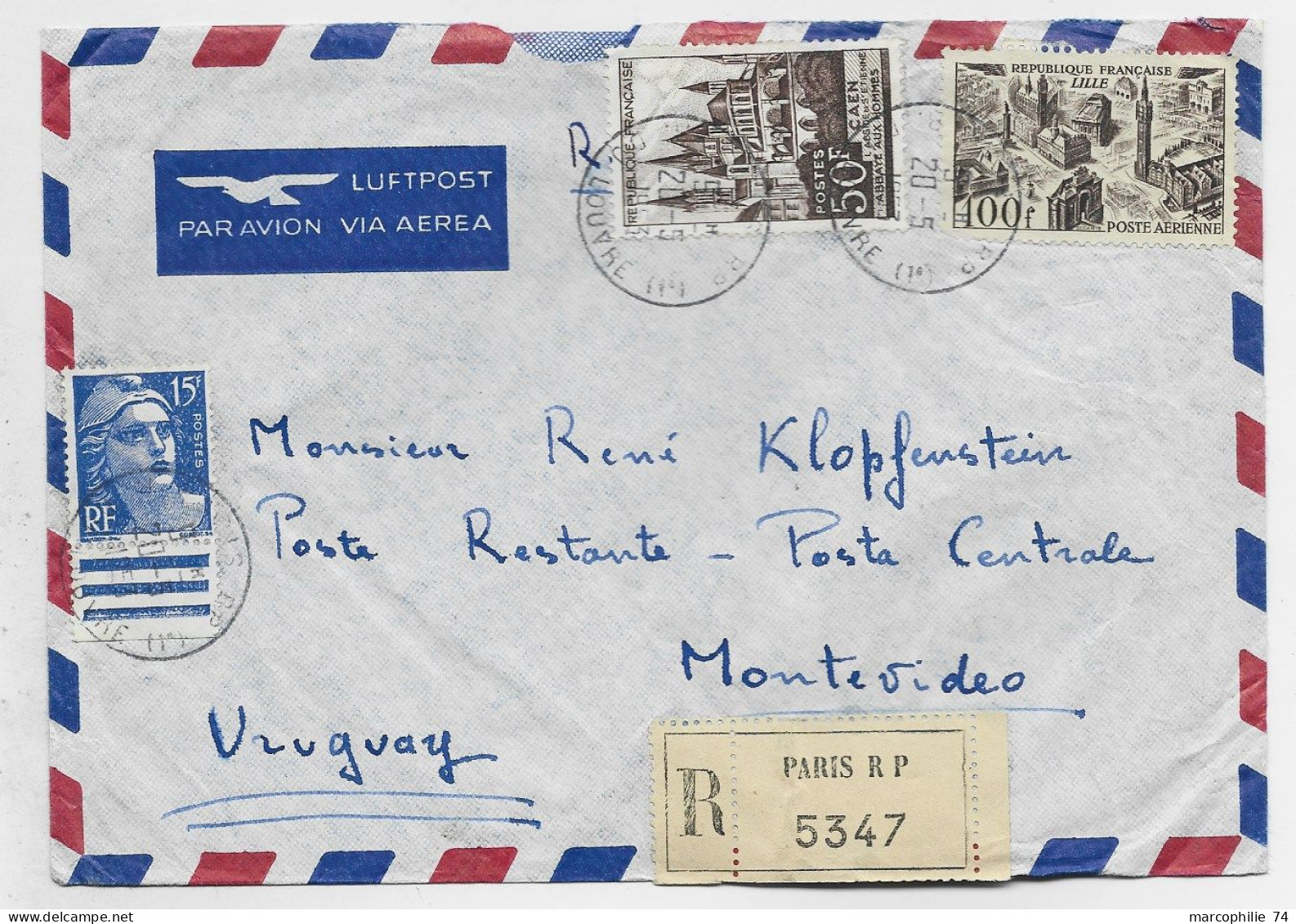 GANDON 15FR +50FR CAEN +PA 100FR LETTRE REC AVION PARIS RP 20.5.1953 POUR URUGUAY TAXE AU DOS ROOSEVELT POSTE RESTANTE - 1945-54 Maríanne De Gandon