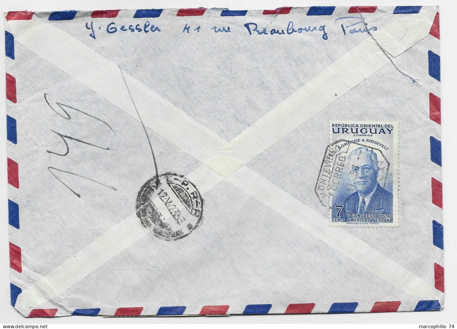 GANDON 15FR +50FR CAEN +PA 100FR LETTRE REC AVION PARIS RP 20.5.1953 POUR URUGUAY TAXE AU DOS ROOSEVELT POSTE RESTANTE - 1945-54 Marianne De Gandon