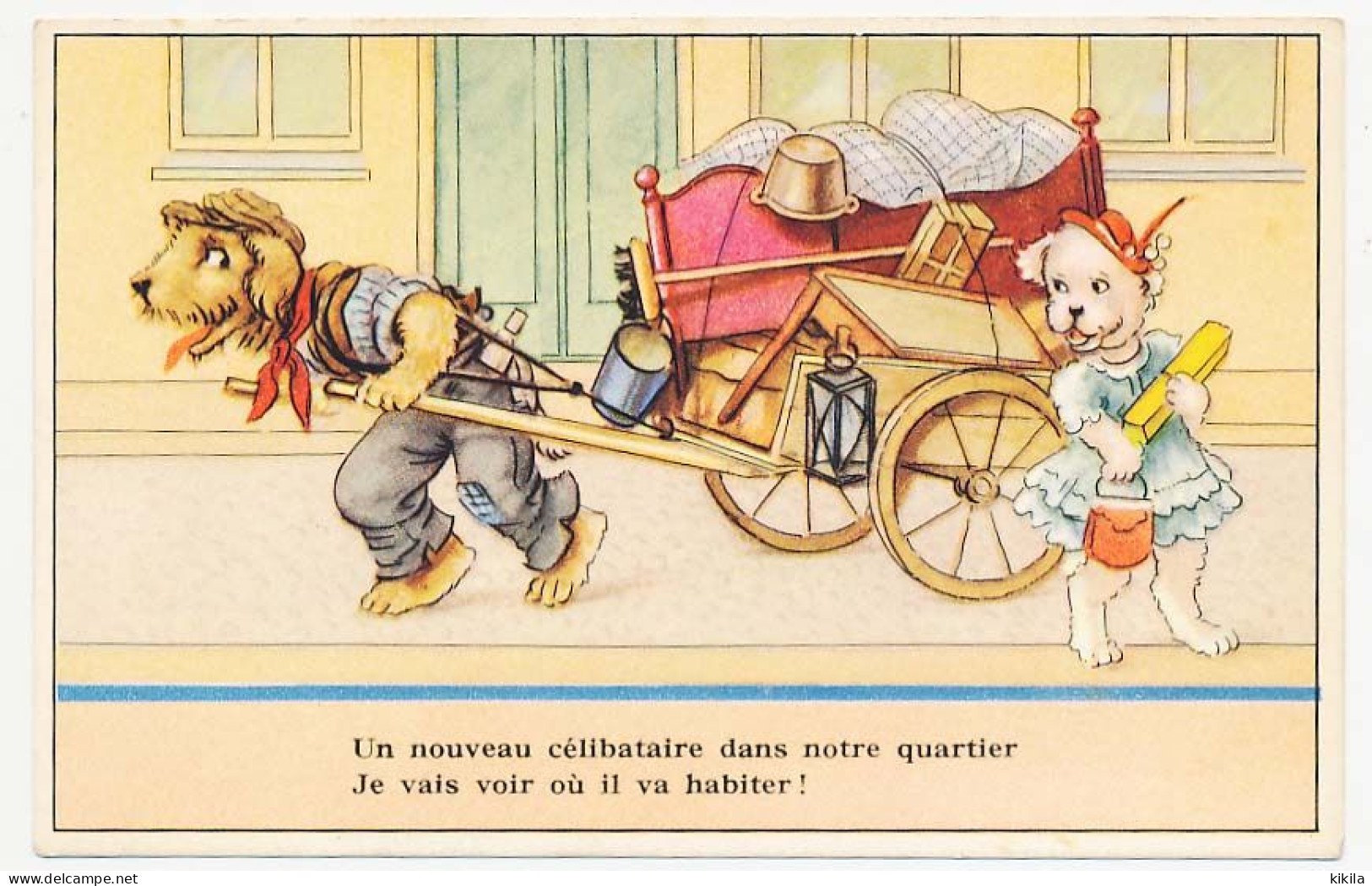 CPSM 9 X 14 Couple De CHIENS  Charrette "Un Nouveau Célibataire Dans Notre Quartier  Je Vais Voir Où Il Va Habiter" - 1900-1949