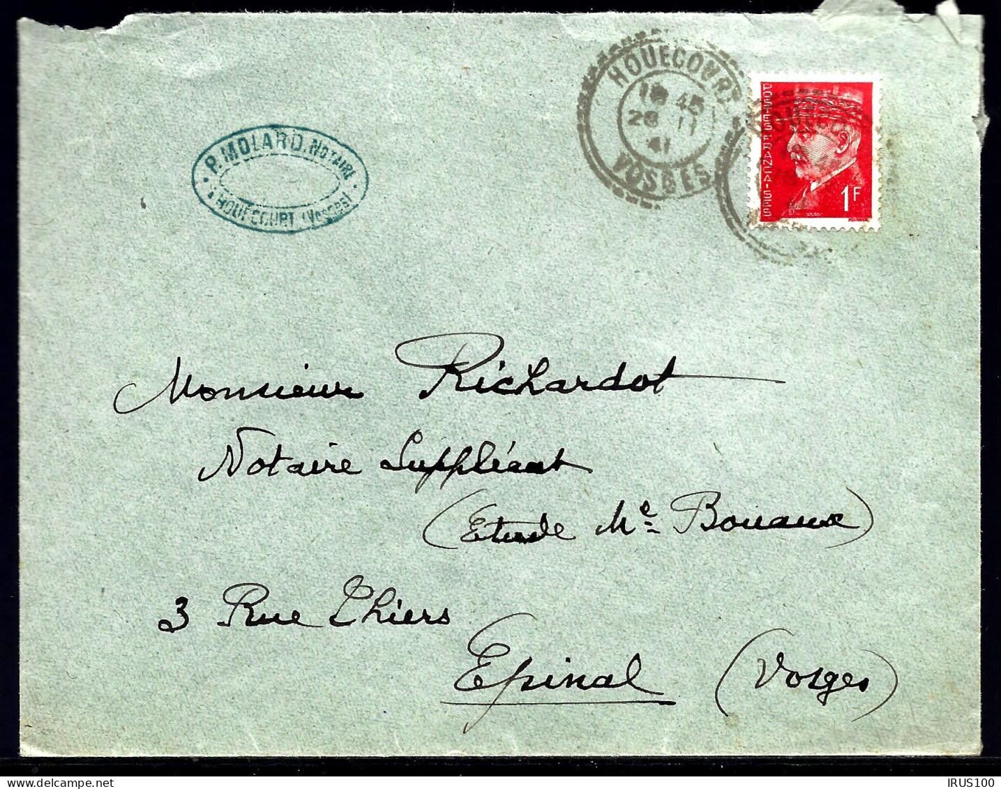 LETTRE DE HOUECOURT / VOSGES - 1941 - AFFRANCHISSEMENT PÉTAIN -  - Cartas & Documentos