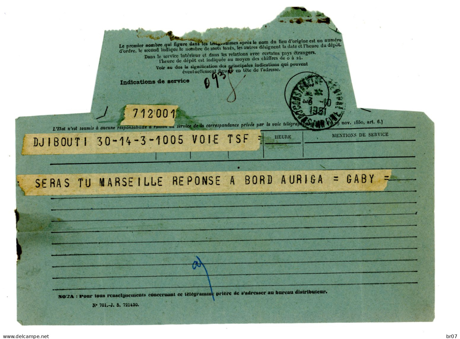 ALGERIE TELEGRAMME DE DJIBOUTI COTE FRANCAISE DES SOMALIES 1951 CONSTANTINE CENTRAL - Cartas & Documentos