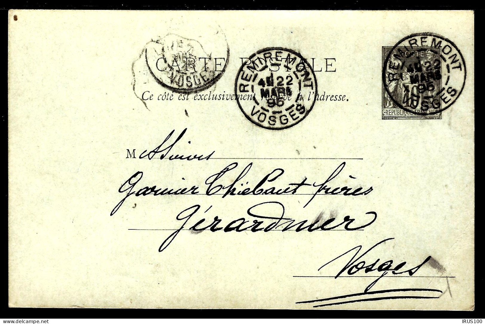 ENTIER POSTAL - REMIREMONT / VOSGES - 1895 - TYPE SAGE - Postales Tipos Y (antes De 1995)