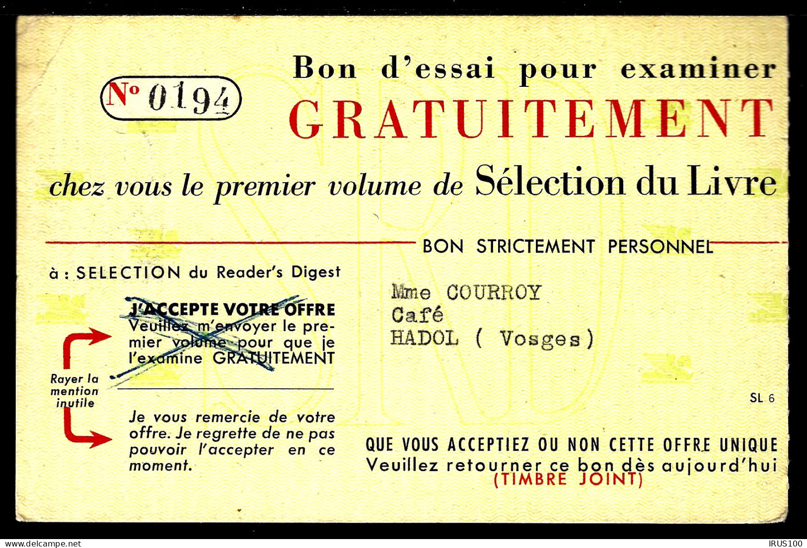 LETTRE DE HADOL - VOSGES - 1955 - BON RETOUR TIMBRE JOINT...READER'S DIGEST - Lettres & Documents